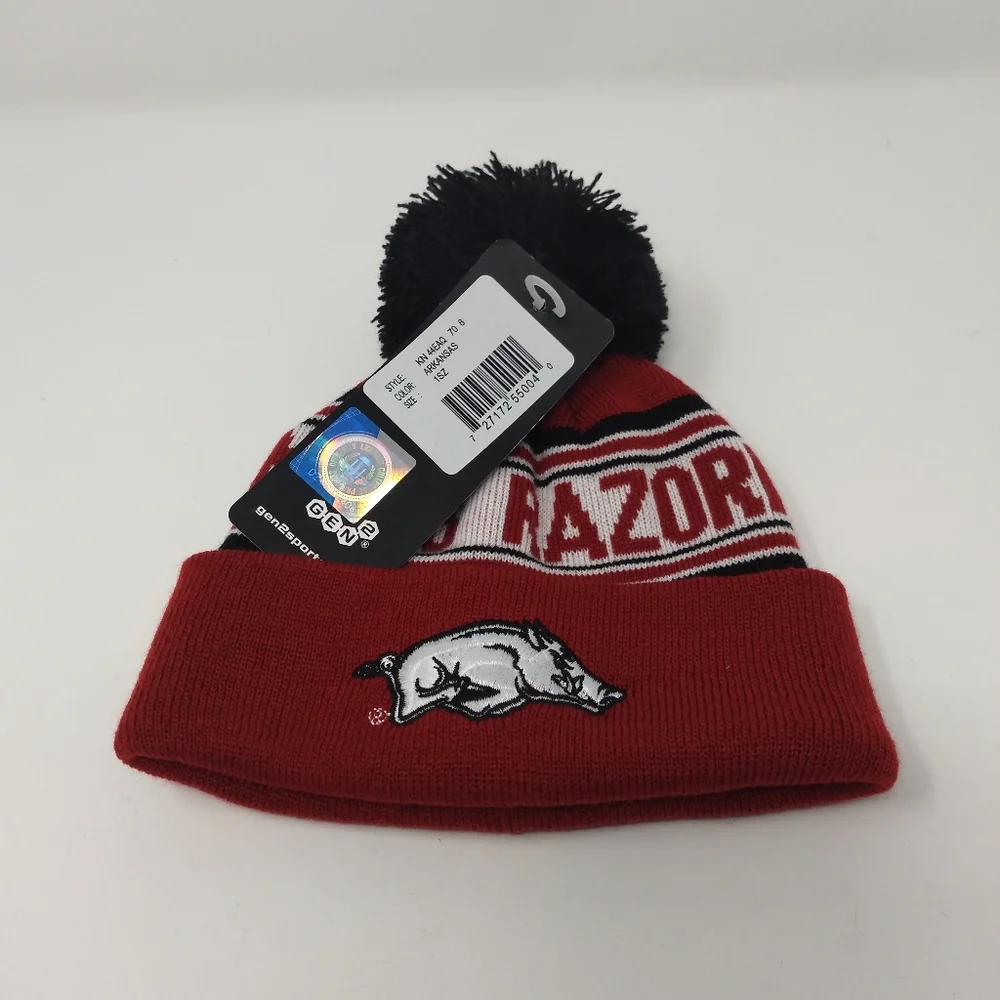 Arkansas Razorbacks Pom Pom Knit Beanie Red & Black Winter Hat NWT